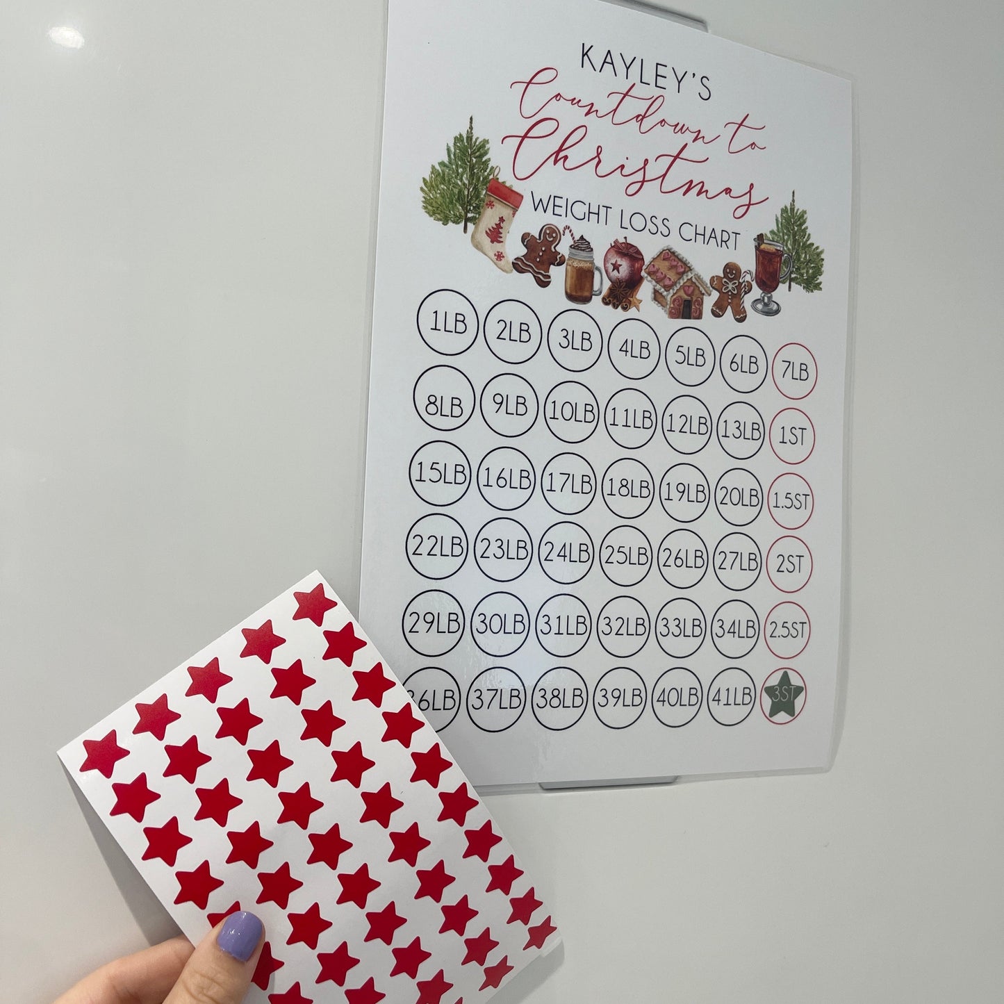 Personalised Name Countdown To Christmas A4 Weight Loss Chart Tracker Print - st. lb Units - Laminated With Stars-2