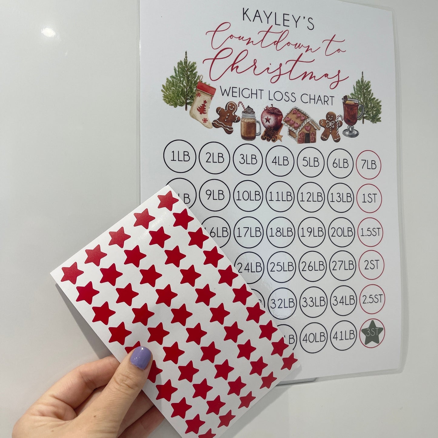 Personalised Name Countdown To Christmas A4 Weight Loss Chart Tracker Print - st. lb Units - Laminated With Stars-1
