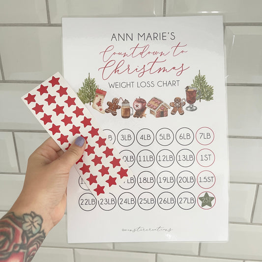 Personalised Name Countdown To Christmas A4 Weight Loss Chart Tracker Print - st. lb Units - Laminated With Stars-0