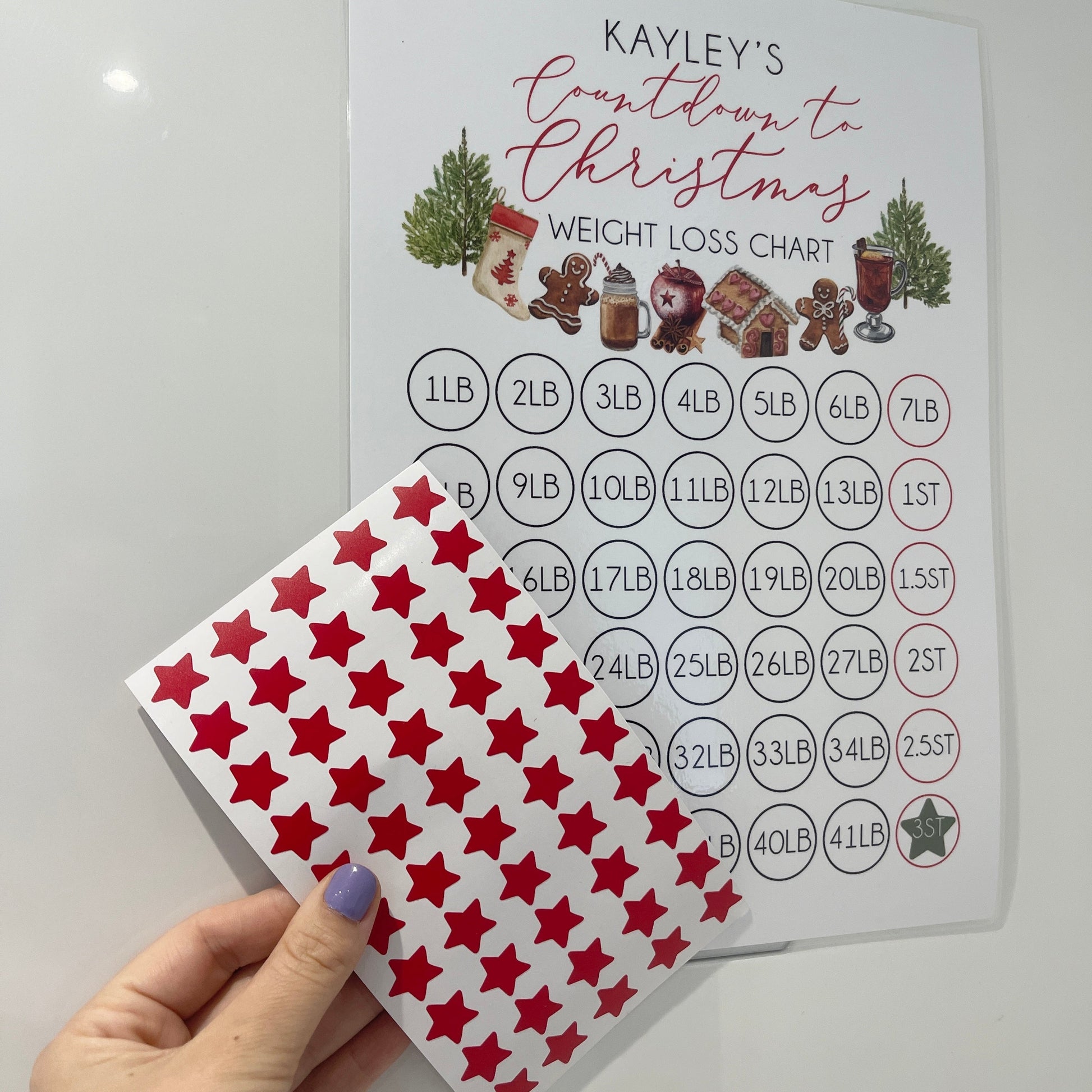 Personalised Name Countdown To Christmas A4 Weight Loss Chart Tracker Print - st. lb Units - Laminated With Stars-1